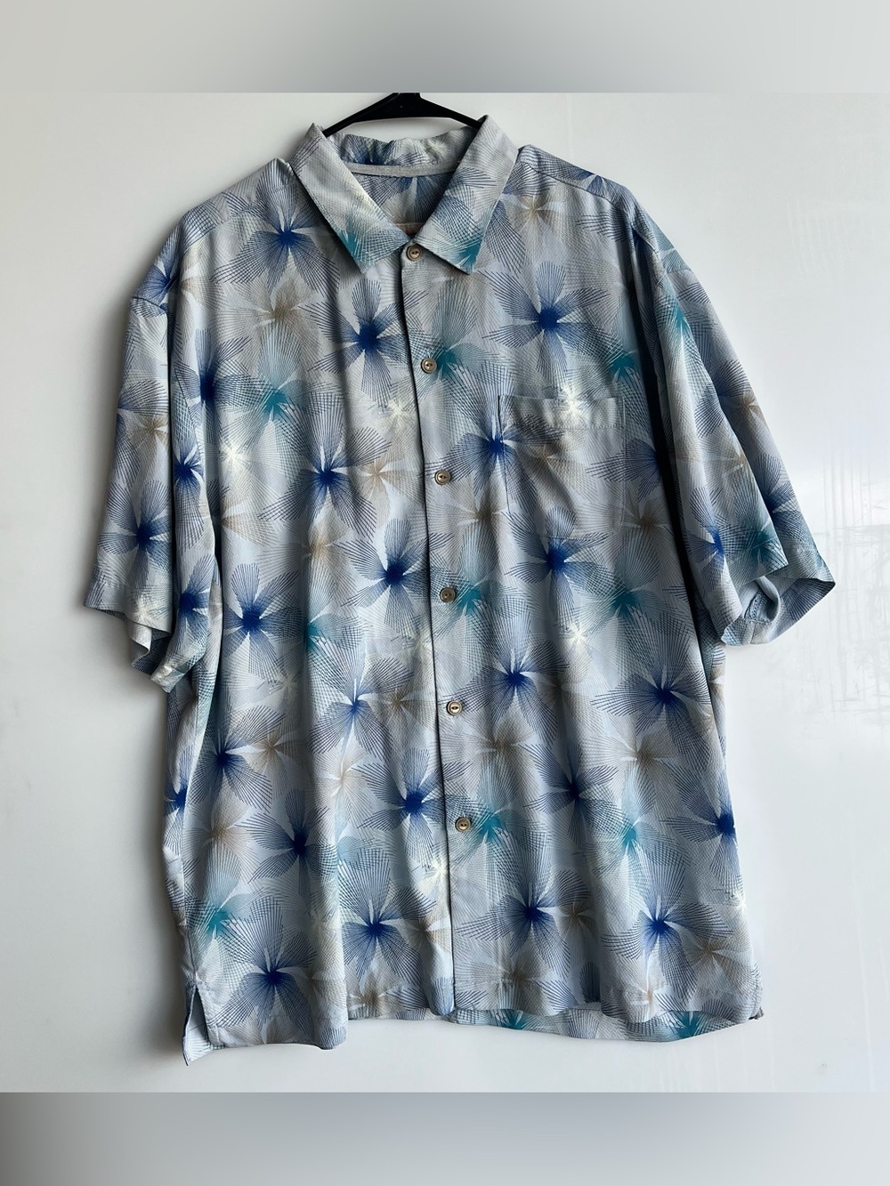 Tommy Bahama Silk Light Blue & Navy Abstract Starburst Camp Shirt